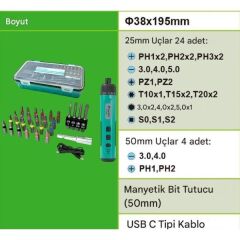 Proskit PT-1366U Tork Ayarlı Şarjlı Tornavida Onarım Seti