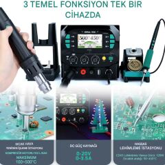 Yihua 983D 3in1 Sıcak Hava Üflemeli Havya İstasyonu ve Dc Güç Kaynağı